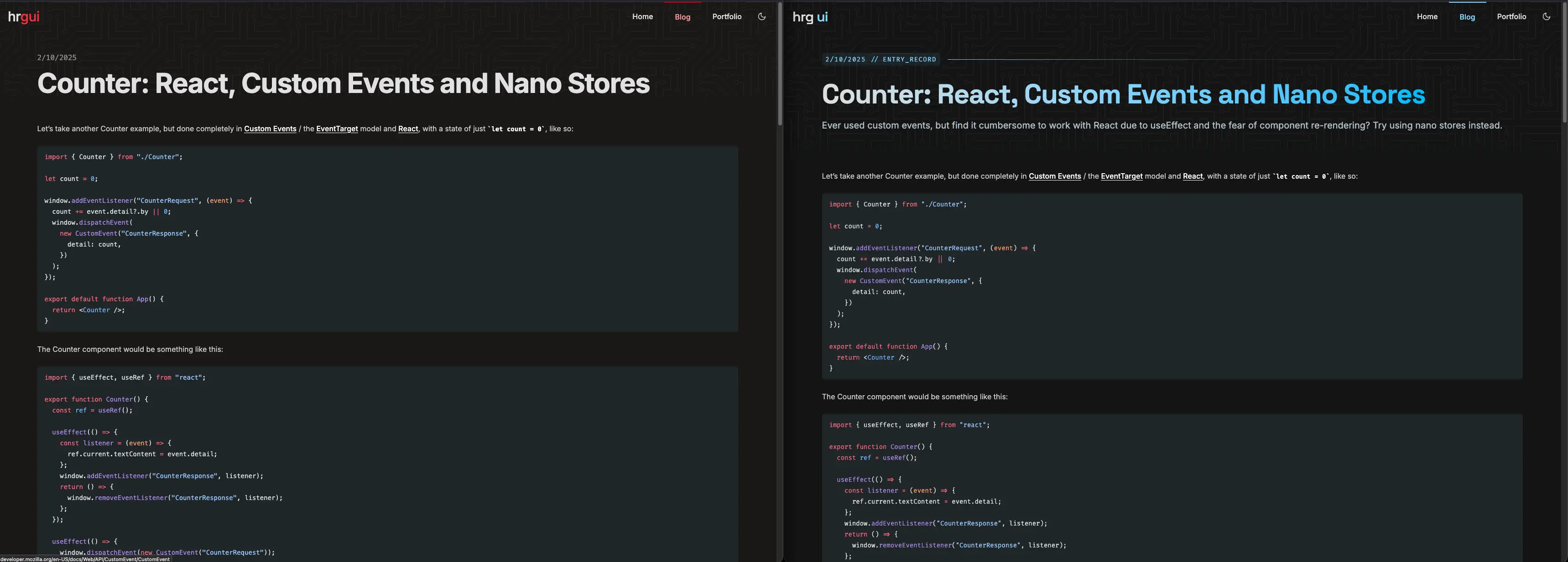 Blog entry page before and after
